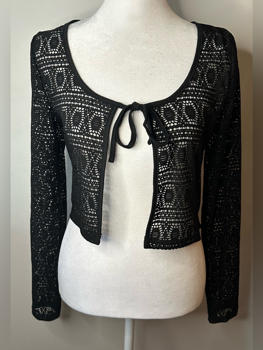 Black Crochet Detail Tie-Front Women's Sweater Cardigan Cover Up Essential